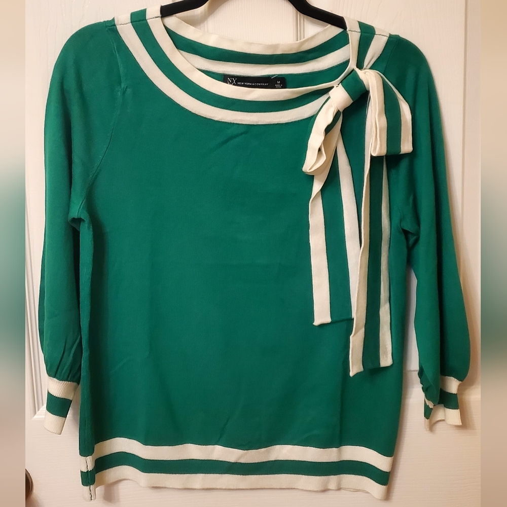 Stripe-Trim Bow-Shoulder Sweater - Picture 3 of 6